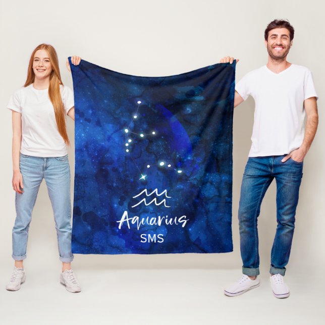 Aquarius Zodiac Constellation Blue Galaxy Monogram Fleece Blanket (In Situ)