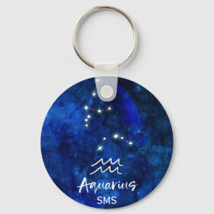 Aquarius Zodiac Constellation Blue Galaxy Monogram Key Ring