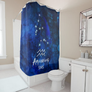 Aquarius Zodiac Constellation Blue Galaxy Monogram Shower Curtain