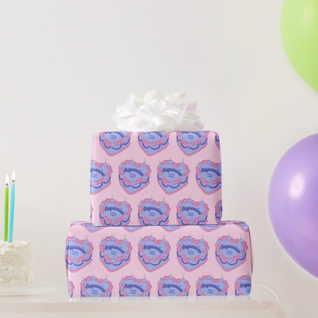 Aquarius Zodiac Coquette Heart Birthday Cake Wrapping Paper (Party Gifts)