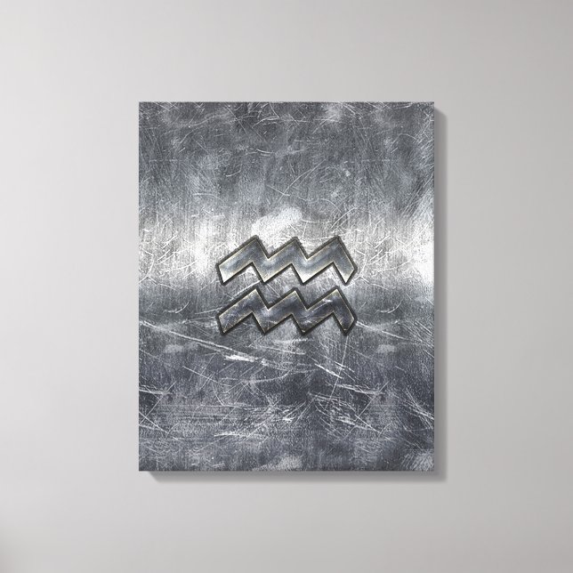 Aquarius Zodiac Distressed Silver Steel Style Canvas Print (Front)