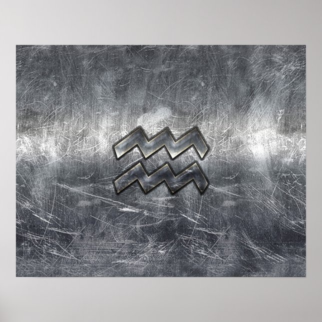Aquarius Zodiac Distressed Silver Steel Style Poster (Front)