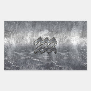 Aquarius Zodiac Distressed Silver Steel Style Rectangular Sticker