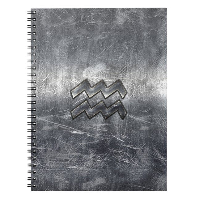 Aquarius Zodiac Distressed Silver Steel Style Spiral Notebook (Front)