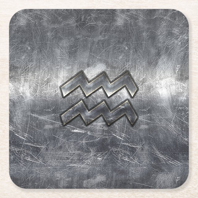 Aquarius Zodiac Distressed Silver Steel Style Square Paper Coaster (Front)