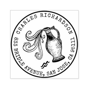 Aquarius Zodiac Hand-drawn Crest Return Address Rubber Stamp