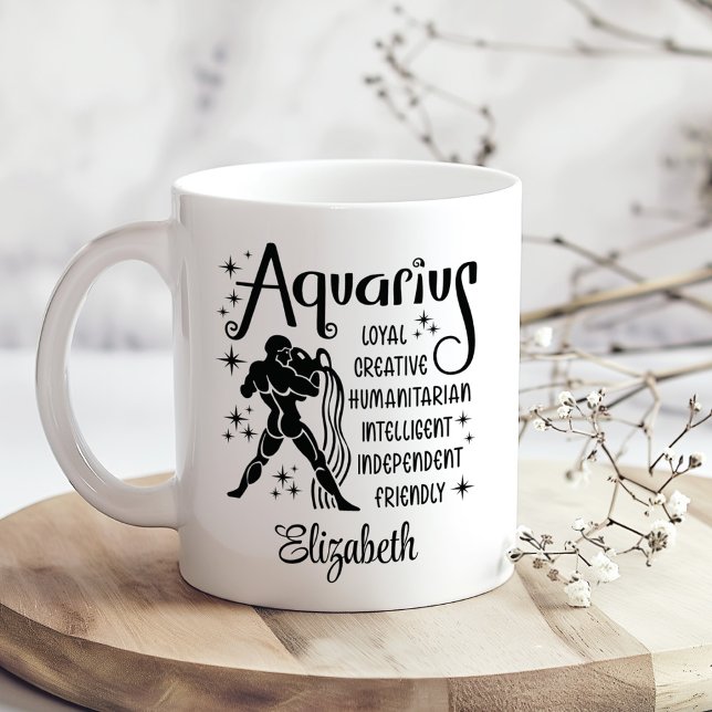 Aquarius Zodiac Horoscope Custom Name  Coffee Mug (Aquarius Zodiac Horoscope Custom Name Coffee Mug on a sunny boho wooden kitchen table)