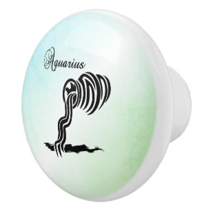 Aquarius Zodiac Sign and Symbol Blue Green Ceramic Knob