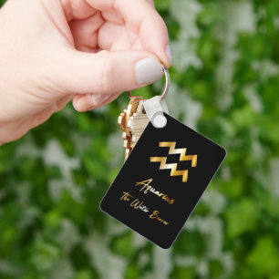 Aquarius Zodiac Sign, Black & Gold Keychain