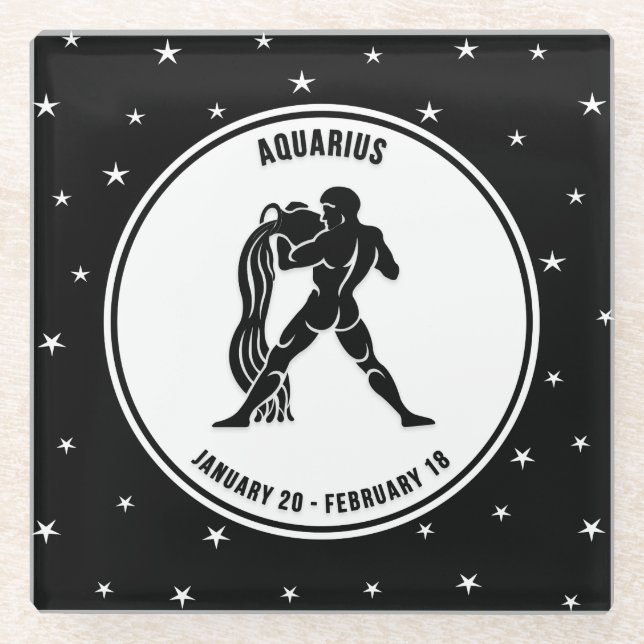 Aquarius Zodiac Sign, Black & White Glass Coaster (Front)