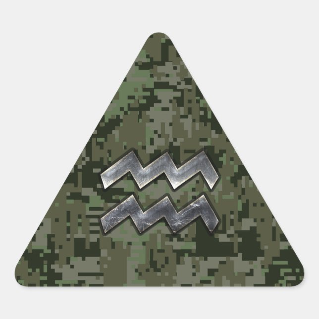 Aquarius Zodiac Sign Green Digital Camouflage Triangle Sticker (Front)