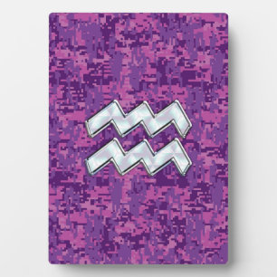 Aquarius Zodiac Sign on fuchsia digital camouflage Plaque