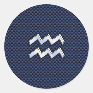 Aquarius Zodiac Sign on navy blue carbon fibre Classic Round Sticker