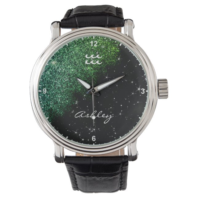 Aquarius Zodiac Sign Teal Green Glitter Stars Name Watch (Front)