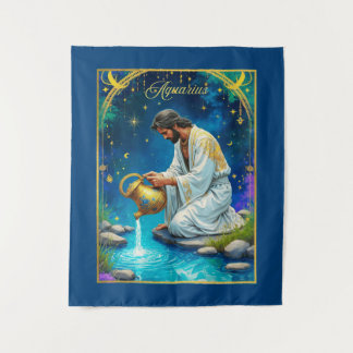 Aquarius Zodiac Sign Under a Starry Sky Tapestry