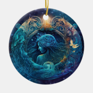 Aquarius Zodiac Sign Watercolor Design Ceramic Tree Decoration