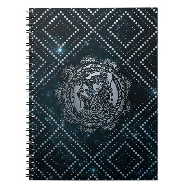 Aquarius Zodiac Silver Embossed on the Star sky Spiral Notebook (Front)