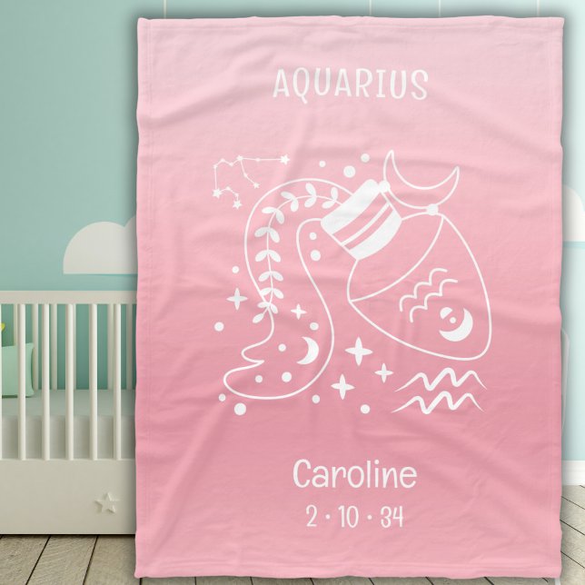 Aquarius Zodiac Star Name Birthdate Pink Baby Fleece Blanket (Creator Uploaded)