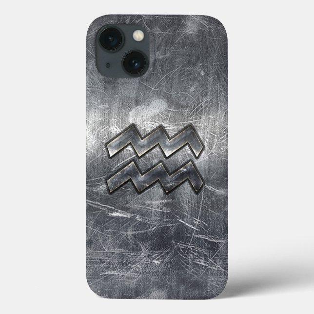 Aquarius Zodiac Symbol Distressed Silver Steel Case-Mate iPhone Case (Back)