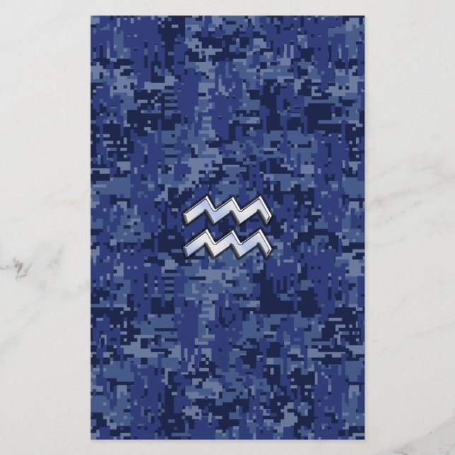 Aquarius Zodiac Symbol on blue digital camo decor Stationery (Front)