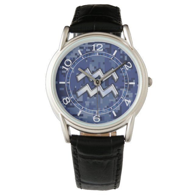 Aquarius Zodiac Symbol on blue digital camo dial Watch (Front)