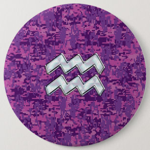 Aquarius Zodiac Symbol on fuchsia digital camo 6 Cm Round Badge