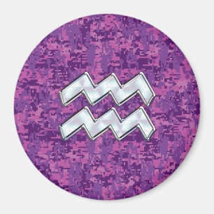 Aquarius Zodiac Symbol on fuchsia digital camo Magnet
