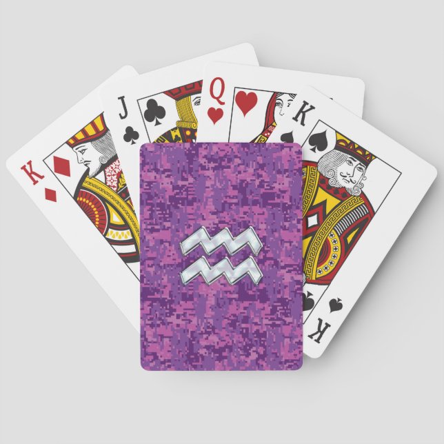 Aquarius Zodiac Symbol on fuchsia digital camo Playing Cards (Back)