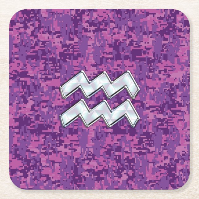 Aquarius Zodiac Symbol on fuchsia digital camo Square Paper Coaster (Front)