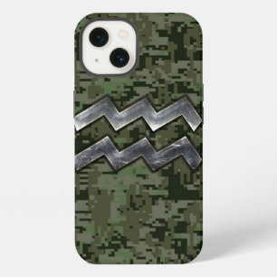 Aquarius Zodiac Symbol on Green Digital Camouflage iPhone 13 Case