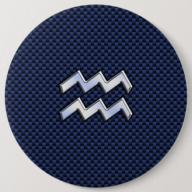 Aquarius Zodiac Symbol on Navy Blue Carbon Fibre 6 Cm Round Badge (Front)
