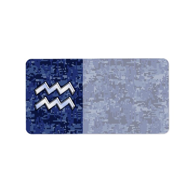 Aquarius Zodiac Symbol on navy blue digital camo Label (Front)