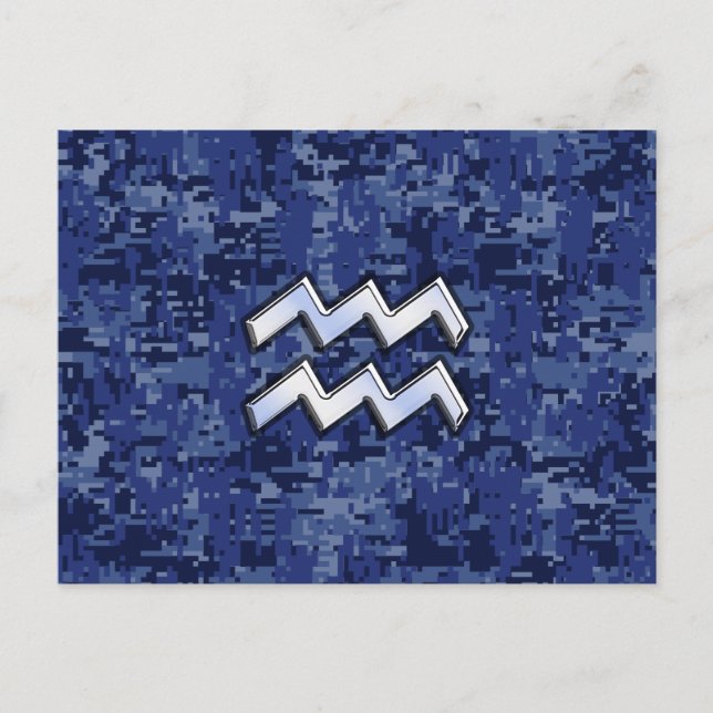 Aquarius Zodiac Symbol on Navy Digital Camouflage Postcard (Front)