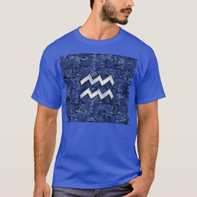 Aquarius Zodiac Symbol on Navy Digital Camouflage T-Shirt (Front)