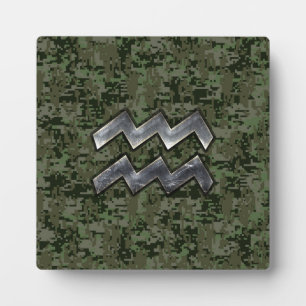 Aquarius Zodiac Symbol on olive green digital camo Plaque