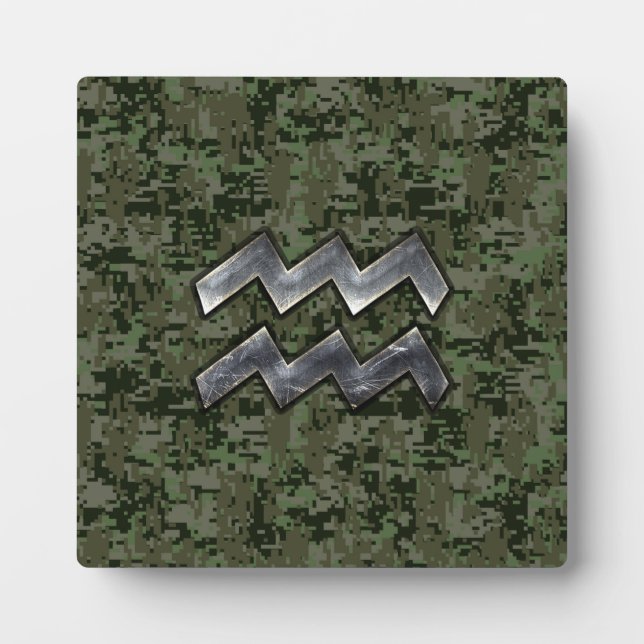 Aquarius Zodiac Symbol on olive green digital camo Plaque (Front)