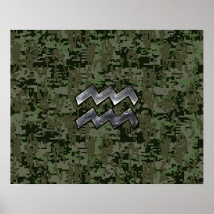 Aquarius Zodiac Symbol on olive green digital camo Poster