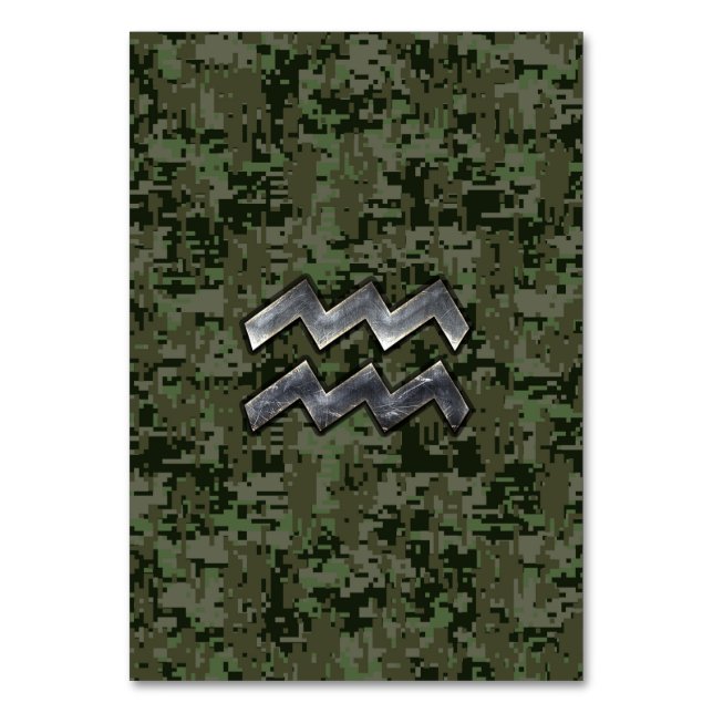 Aquarius Zodiac Symbol on olive green digital camo Table Number (Front)