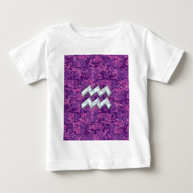 Aquarius Zodiac Symbol on Pink Digital Camouflage Baby T-Shirt (Front)