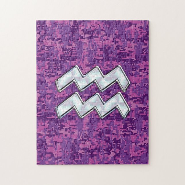 Aquarius Zodiac Symbol on Pink Digital Camouflage Jigsaw Puzzle (Vertical)