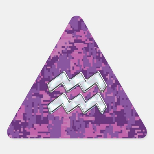 Aquarius Zodiac Symbol on Pink Digital Camouflage Triangle Sticker (Front)