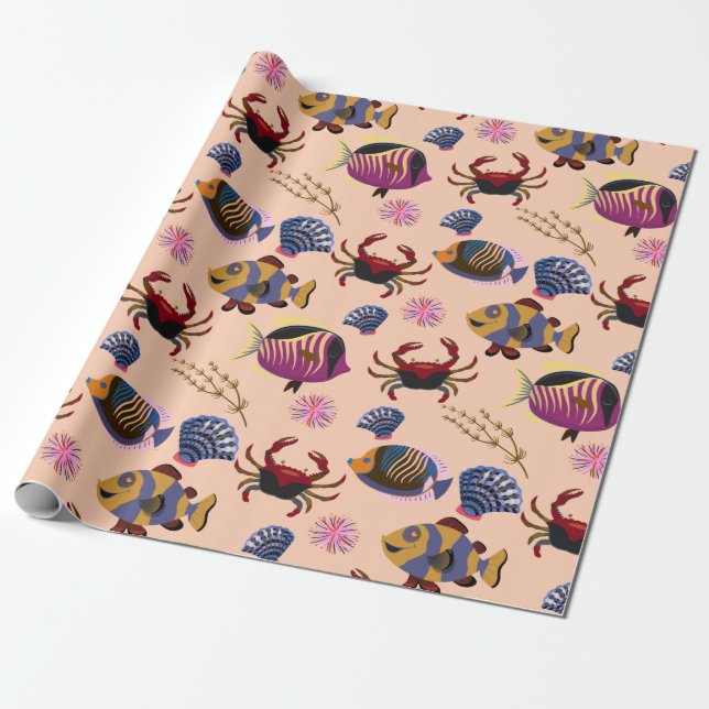 Aquatic animals pattern | ocean underwater life 10 wrapping paper (Unrolled)