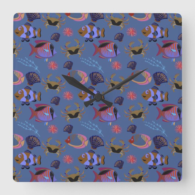 Aquatic animals pattern | ocean underwater life 13 square wall clock (Front)