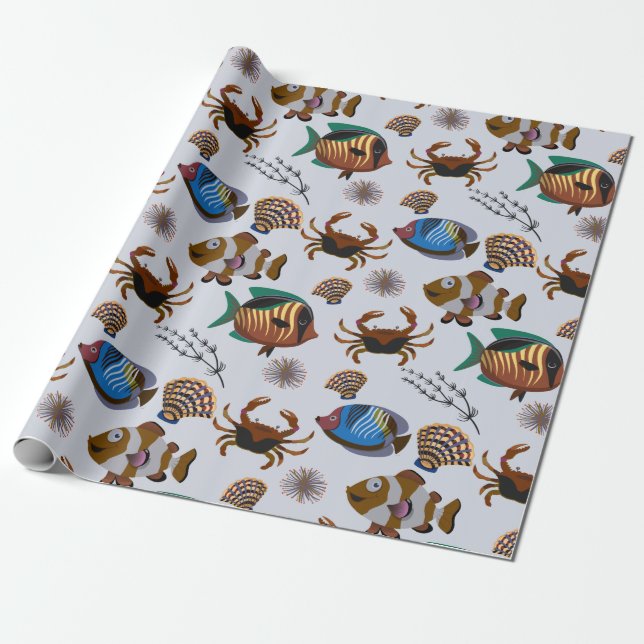 Aquatic animals pattern | ocean underwater life 14 wrapping paper (Unrolled)
