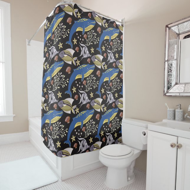 Aquatic animals pattern | ocean underwater life 17 shower curtain (In Situ)