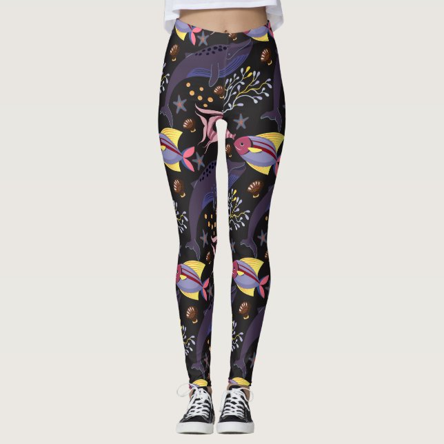 Aquatic animals pattern | ocean underwater life 21 leggings (Front)