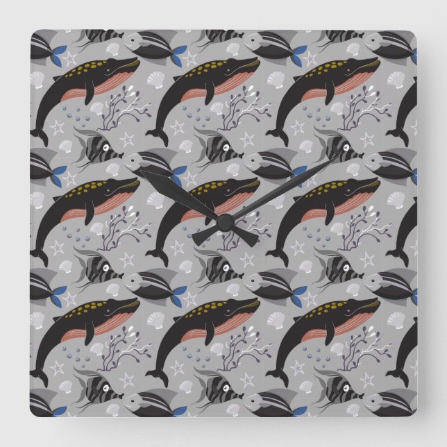 Aquatic animals pattern | ocean underwater life 23 square wall clock (Front)