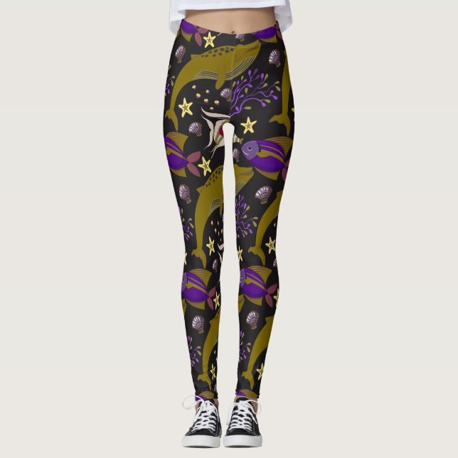 Aquatic animals pattern | ocean underwater life 25 leggings (Front)