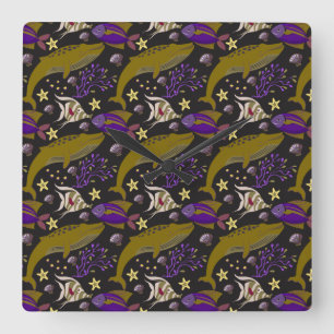 Aquatic animals pattern   ocean underwater life 25 square wall clock