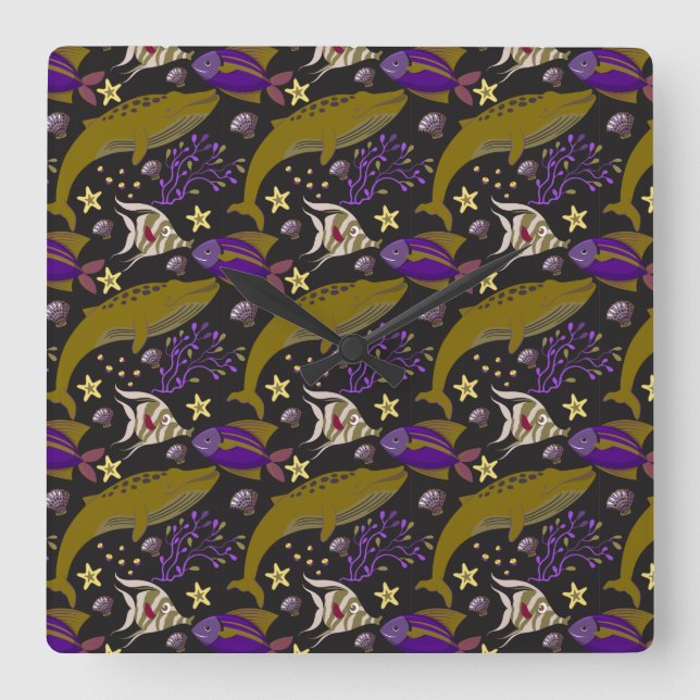 Aquatic animals pattern | ocean underwater life 25 square wall clock (Front)